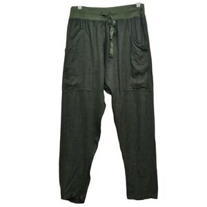 Devitalia Linen Pants Womens M Olive‎ Green Elastic Waist Made in Italy Tapered